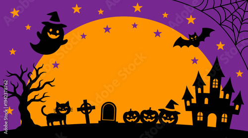 Halloween Background with Haunted House, Pumpkins, Ghost, and Black Cat Silhouettes under Full Moon on Purple Striped Night Sky