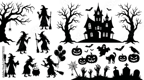 Halloween Silhouette Elements Set with Witches, Haunted House, Jack-O'-Lantern Pumpkins, Spooky Trees, Ghosts, and Bats for Festive Graphic Design and Party Decor