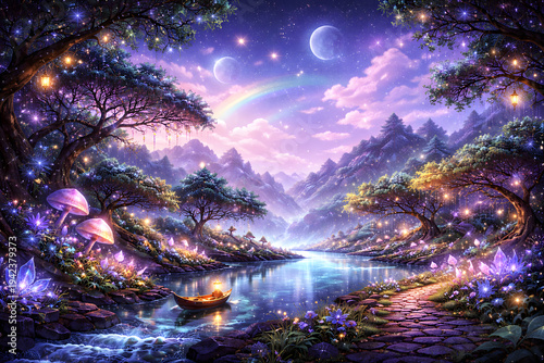 Enchanted Fantasy River at Twilight with Glowing Trees, Butterflies, and Dreamlike Mountains