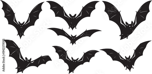 Black Bat Silhouettes Flying on White Background Illustration Set