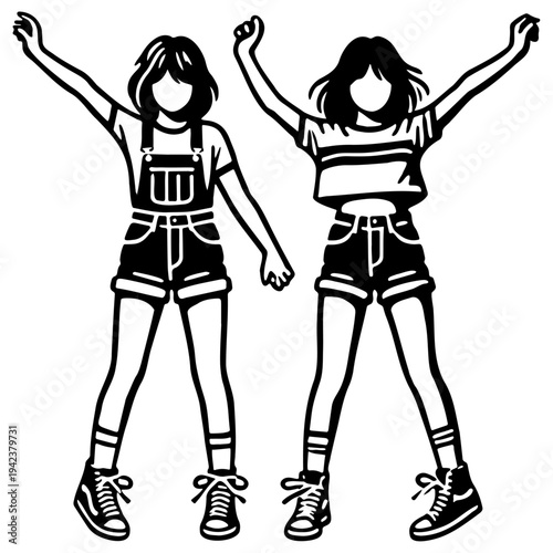 Girl Friends Together Sketch Illustration.