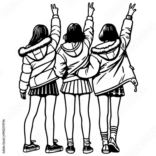 Girl Friends Together Sketch Illustration.