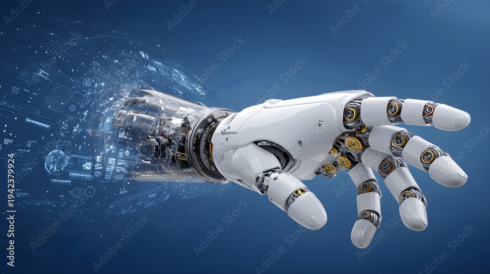 Fototapeta premium Futuristic robotic hand with high tech mechanical details and blue digital interface
