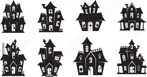 Collection of spooky haunted houses in black silhouette style