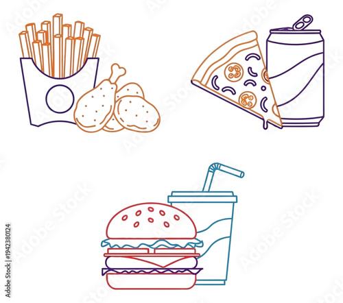 A colorful illustration of various fast food items including fries, pizza, burger, and soda arranged neatly on a plain white background viewed from directly above.