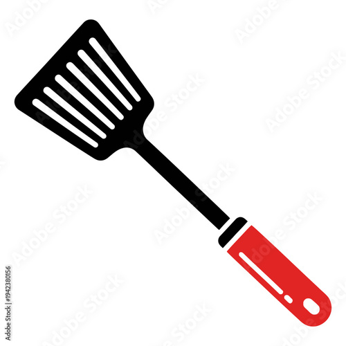 Illustration of a kitchen utensil spatula with red handle viewed from a 45-degree angle, showcasing its design and functionality in a culinary setting