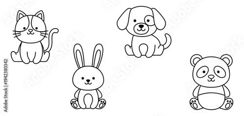 A simple black line drawing of various cute animals sitting together on a clean background from a straightforward viewpoint for illustration purposes only.
