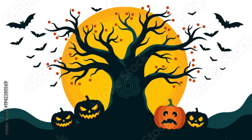 Spooky Halloween Night Illustration with Gnarled Tree Silhouette, Large Full Moon, Flying Bats, and Carved Jack-O'-Lantern Pumpkins on White Background