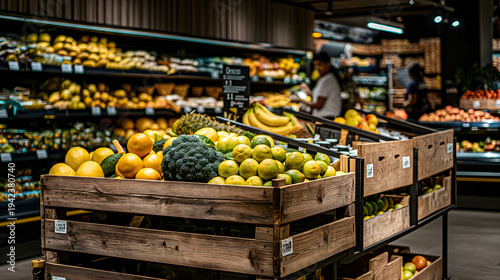 Busy Upscale Grocery Store Produce Section with Fresh Colorful Vegetables and Shoppers in Background, Fresh Colorful Tomatoes and Vegetables in Wooden Crates Busy Upscale Grocery Store Produce Market