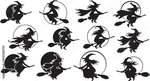Black Silhouettes of Witches Flying on Broomsticks in Circles