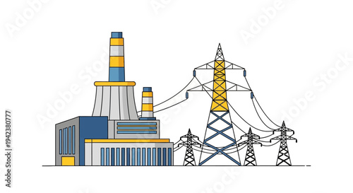 Industrial Power Plant with High Voltage Transmission Towers and Lines