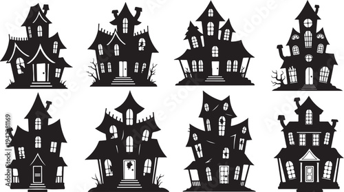 Collection of spooky haunted house silhouettes for Halloween designs