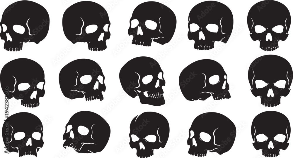 Fototapeta premium Collection of black skulls in various orientations and positions