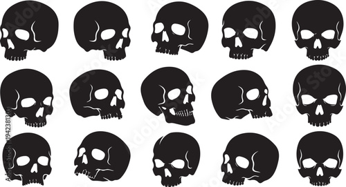Collection of black skulls in various orientations and positions