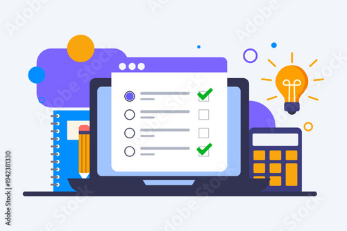Exam Checklist on Laptop with Study Supplies Flat Vector Illustration.