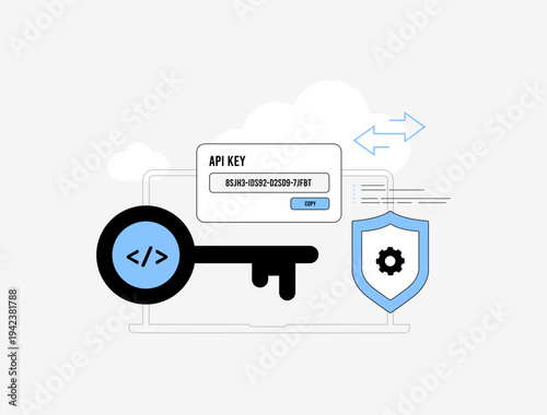 API key authentication, secure access token, software integration credential. Developer authorization method, API endpoint protection, encrypted secret management, modern flat vector illustration