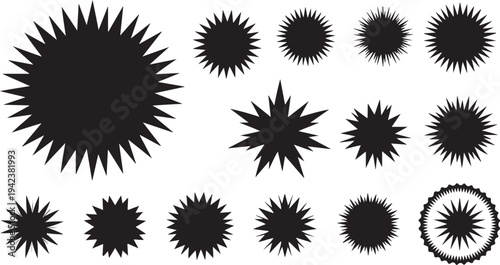 Collection of various black spiky shapes and sunburst icons
