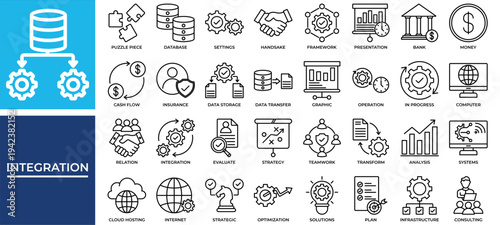 Integration icon set collection. Containing evolution, operation, transfer, database, progress, puzzle, performance .Line vector icons collection