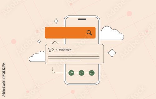 AI search overview results, generative search engine summary panel with links and sources on smartphone screen, artificial intelligence SERP answer interface changing AI SEO strategy illustration