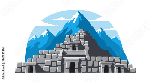 Ancient stone ruins of a mountain temple with snowy peaks in background