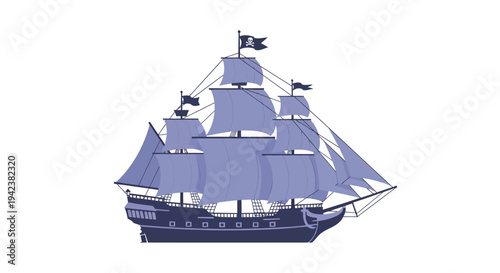Vintage Tall Ship Sailing on White Background, Nautical Adventure