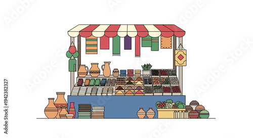 Artisan Market Stall with Pottery, Textiles, and Produce