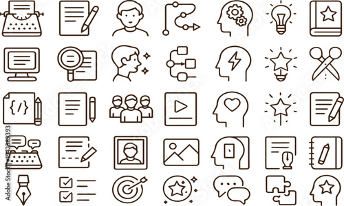 Collection of line art icons representing creativity learning and intellectual processes high quality professional detailed modern