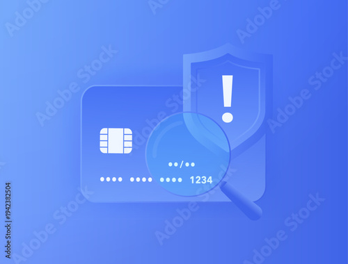 Credit card fraud detection, financial security system analyzing payment card data with magnifier verification. Bank card risk alert shield for digital transaction protection vector illustration