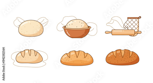 Baking Bread: Dough, Flour, Rolling Pin, Loaves - Flat Design Icons