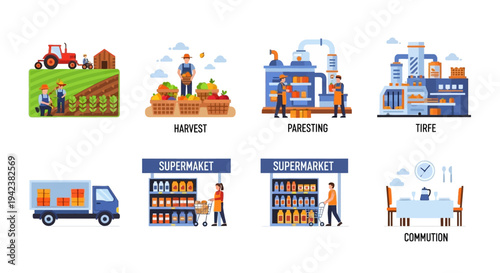 Food production and supply chain illustration: farm to table concept