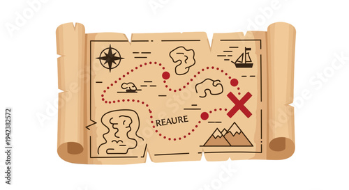 Treasure Map Scroll with Red X Marks the Spot and Compass