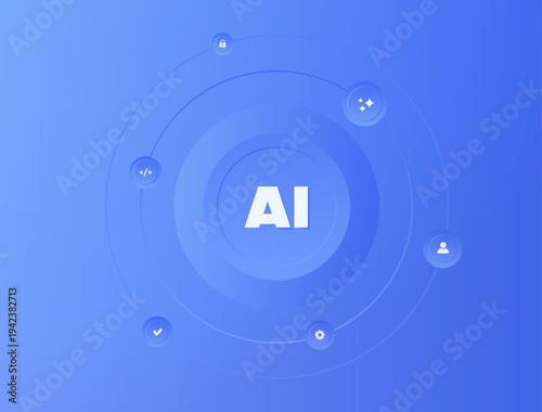 Artificial intelligence ecosystem platform, AI technology hub connecting automation development security analytics and user interaction tools. Ai integrated digital infrastructure network illustration