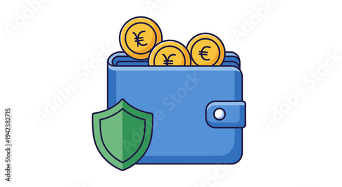 Secure Wallet with Coins and Shield Icon, Financial Security Concept