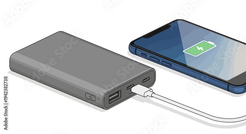 Power bank charging smartphone, portable charger connected to mobile phone battery