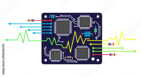 Digital Circuit Board with Data Flow Arrows and Waveforms