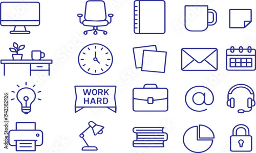 A collection of blue line icons representing office supplies technology and work related items high quality