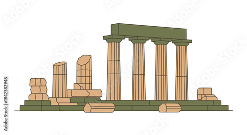 Ancient Greek Ruined Temple Columns and Pediment - Vector Illustration