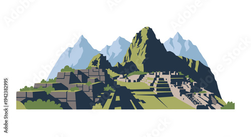 Machu Picchu ancient Inca citadel in the Andes mountains, Peru, illustration