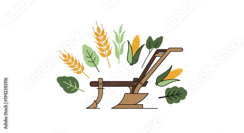Vintage Plow with Corn and Wheat Stalks, Agricultural Farming Icon