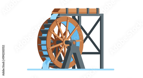 Vintage wooden water wheel with flowing water, isolated on white