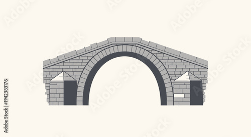 Stone Arch Bridge with Small Buildings, Architectural Illustration