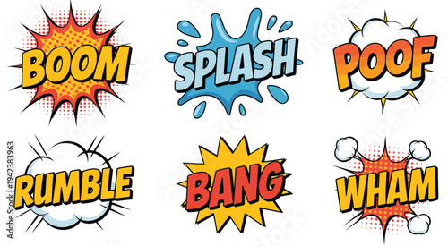 Colorful Comic Sound Effect Words, vector illustration set featuring boom, splash, poof, bang, wham, rumble, and explosion stickers, pop art cartoon graphics perfect for comics, posters