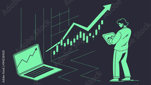 Stock market chart with green candlesticks and pronounced upward trend representing bullish investment conditions.