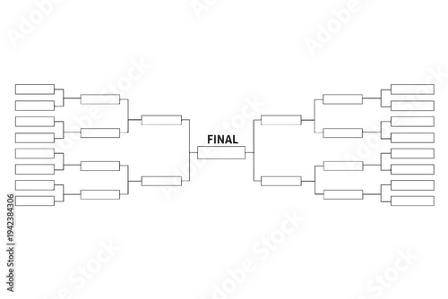 Tournament bracket vector illustration with many connected match boxes progressing toward the championship final, designed as a structured competition diagram layout.