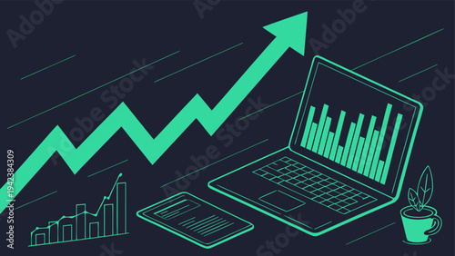 Green stock chart with candlestick patterns and bold upward trend indicating bullish market movement and growth.