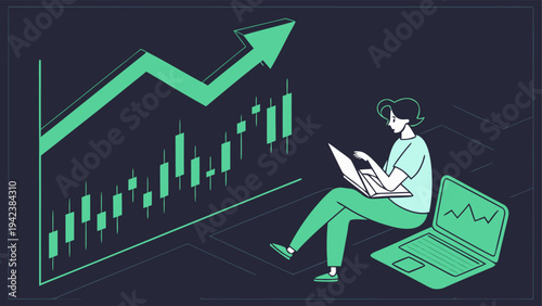Upward trending green candlestick stock chart illustrating financial growth, bullish market, and positive investment performance.