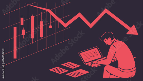 Conceptual illustration of financial downturn showing market instability, investment collapse, bankruptcy, and economic recession effects.