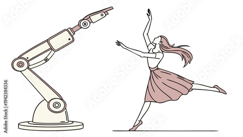 A vector graphic illustration of a robotic arm and a ballerina in a dynamic pose