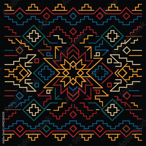 Vector illustration of a traditional ethnic pattern filled with colorful elements, featuring detailed ornaments and flowing shapes that reflect cultural richness, ideal for textile or background.