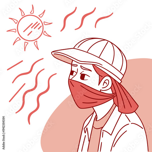 A construction worker wearing a face mask and hat in the heat